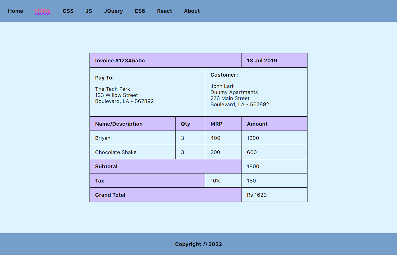 challenge 2 screenshot -creating an invoice using tables